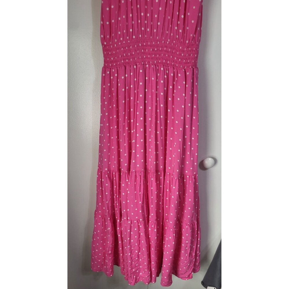 DRAPER JAMES Women's S Pink Polka Dot Flutter Sleeve Midi Dress Tiered Pockets - Picture 5 of 12